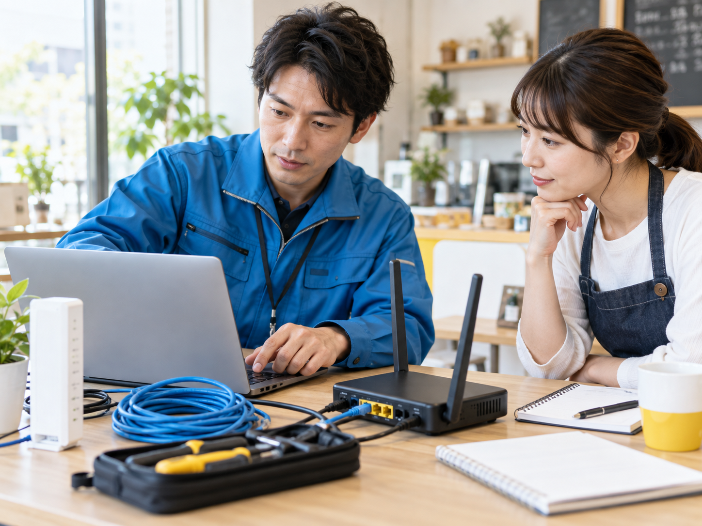 IT担当者がパソコンやネットワーク機器を確認する実写調の生成イメージ